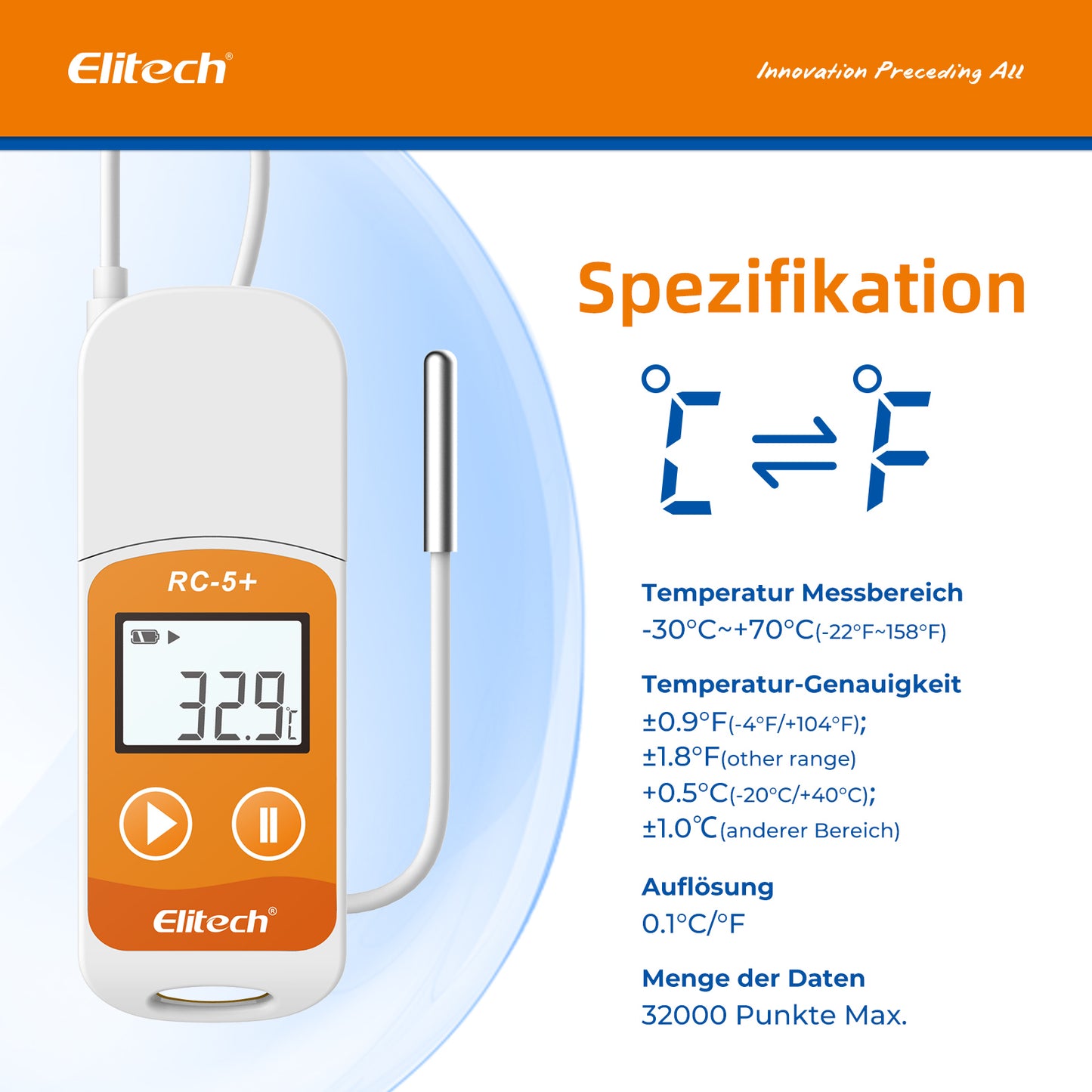 Elitech RC-5+ TE PDF USB-Temperaturdatenlogger mit externer Sonde -40℃~85℃