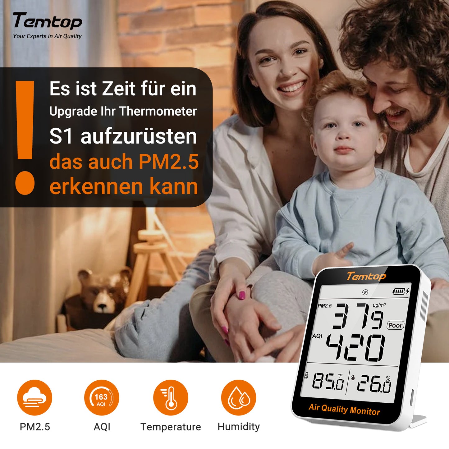 Temtop S1-up Innen Luftqualität Messgerät, Temperatur und Luftfeuchtigkeit, AQI PM2.5-Monitor