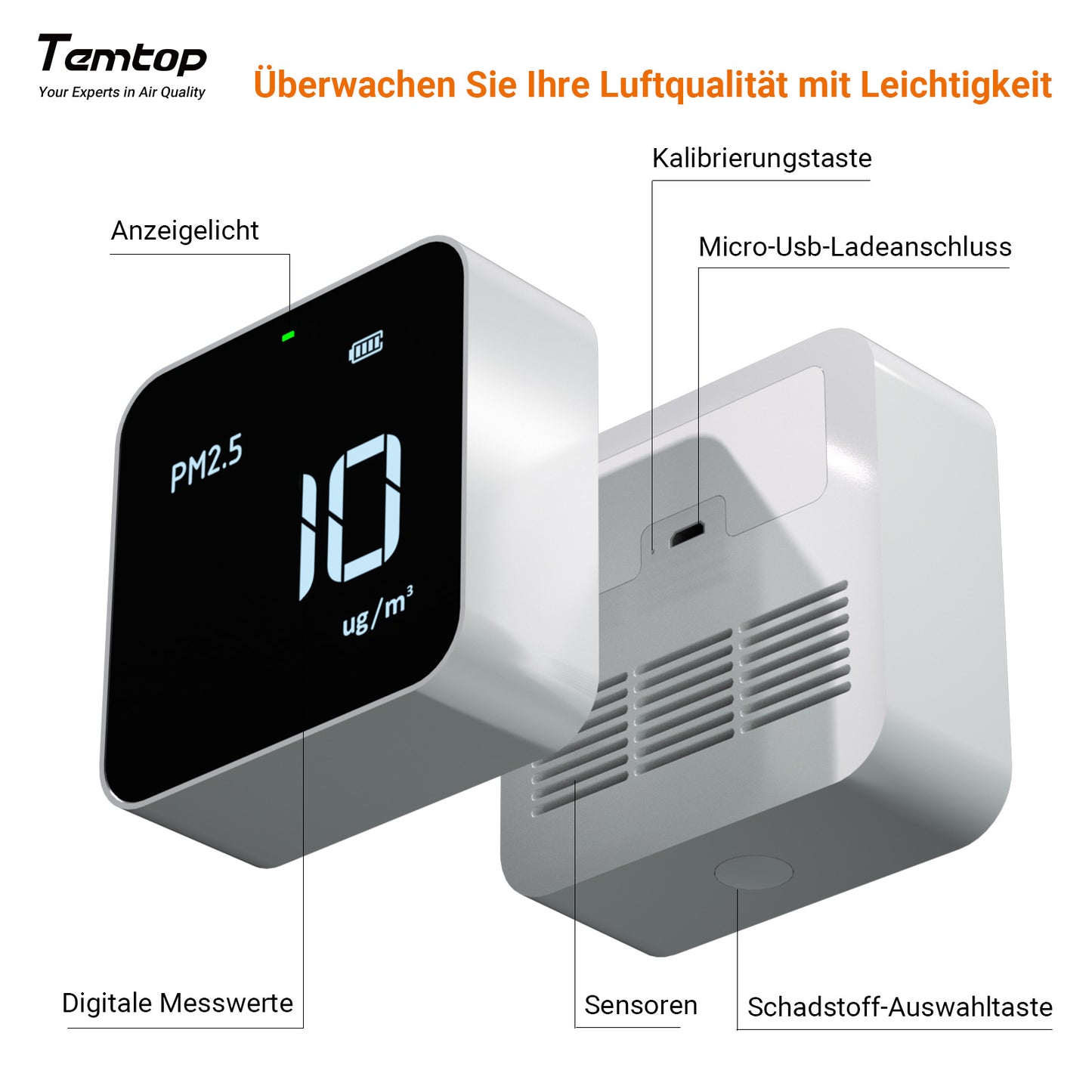 Temtop M10 Luftqualitätsmonitor für PM2,5 HCHO TVOC AQI