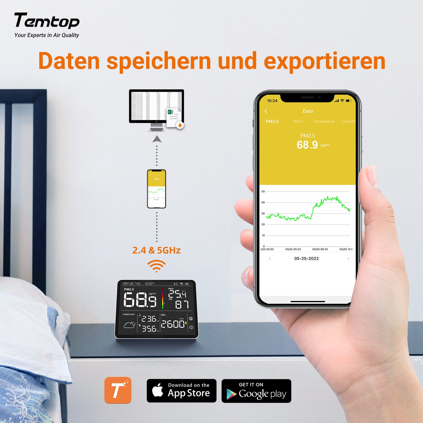 Temtop M100 Luftqualitätsmonitor WiFi Smart Air Station PM2.5 PM10 CO2-Messgerät Temperatur-Feuchtigkeitsdetektor für Zuhause