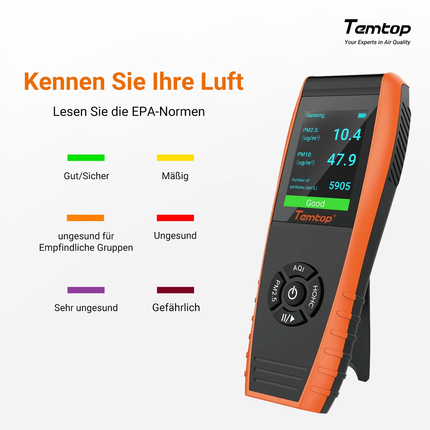 Temtop LKC-1000S+ 2ND Luftqualitätsmonitor, Datenexport PM2,5 PM10 HCHO AQI Partikel VOCs Temperatur Luftfeuchtigkeit