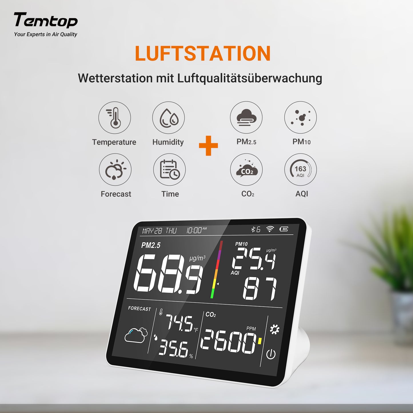 Temtop M100 Luftqualitätsmonitor WiFi Smart Air Station PM2.5 PM10 CO2-Messgerät Temperatur-Feuchtigkeitsdetektor für Zuhause