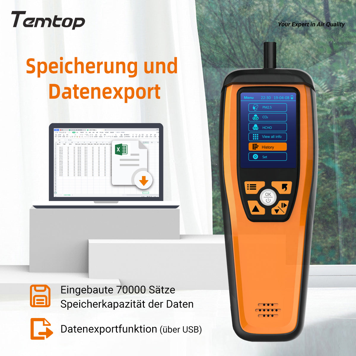 Temtop M2000 2ND CO2-Luftqualitätsmonitor, Luftqualitätsdetektor für PM2,5 PM10 Partikel CO2 HCHO