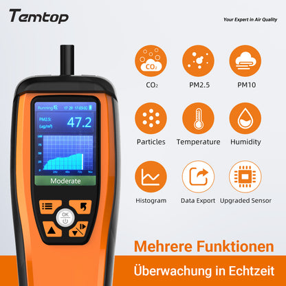 Temtop M2000C 2ND CO2-Luftqualitätsmonitor für den Datenexport von CO2 PM2,5 PM10-Partikeln, Temperatur- und Luftfeuchtigkeitsdetektoren