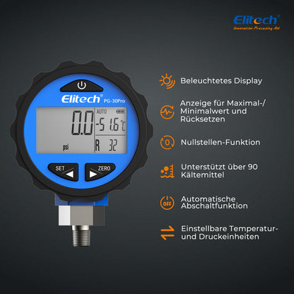 Elitech PG-30Pro Blue Digitales Manometer, digitales Druckmessgerät für Kälte- und Wärmepumpensysteme, Messbereich: -14,5~500 psi