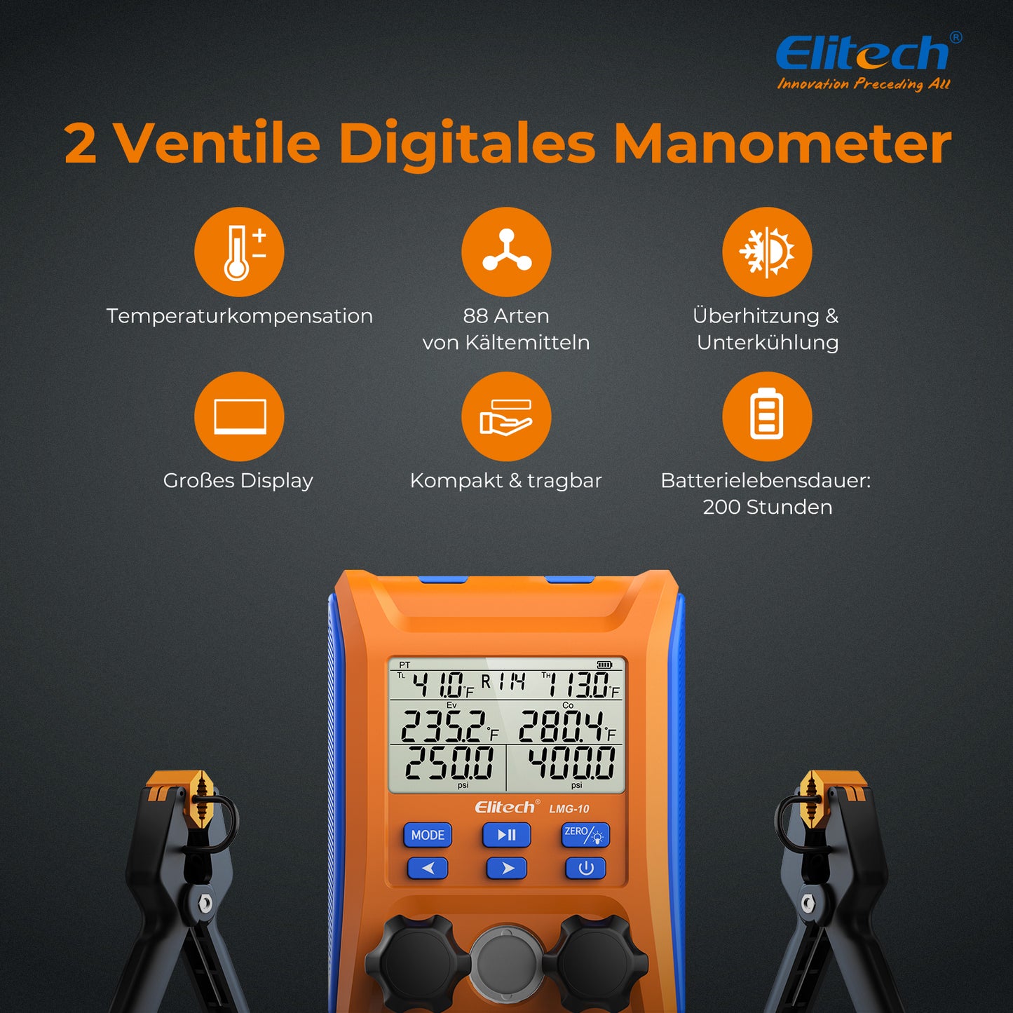 Elitech LMG-10 Kühlung Digital Verteiler Messgerät Set, hochpräzises Druck Temperatur Vakuum Leckage Tester Dignostik Messgerät Set