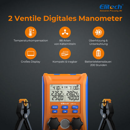 Elitech LMG-10 Kühlung Digital Verteiler Messgerät Set, hochpräzises Druck Temperatur Vakuum Leckage Tester Dignostik Messgerät Set