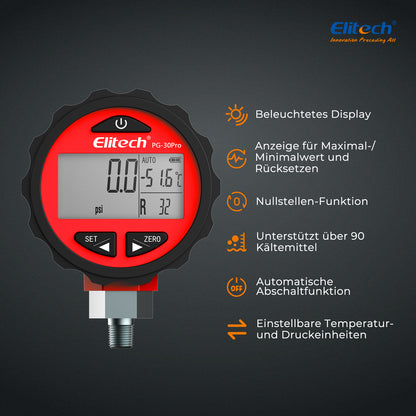 Elitech PG-30Pro Red Digitales Manometer, digitales Druckmessgerät für Kälte- und Wärmepumpensysteme, Messbereich: -14,5~800 psi