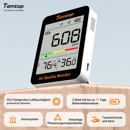 Temtop C1 CO2-Monitor Luftqualitätsmonitor, Kohlendioxid-Detektor für den Innenbereich für CO2, Temperatur und Luftfeuchtigkeit