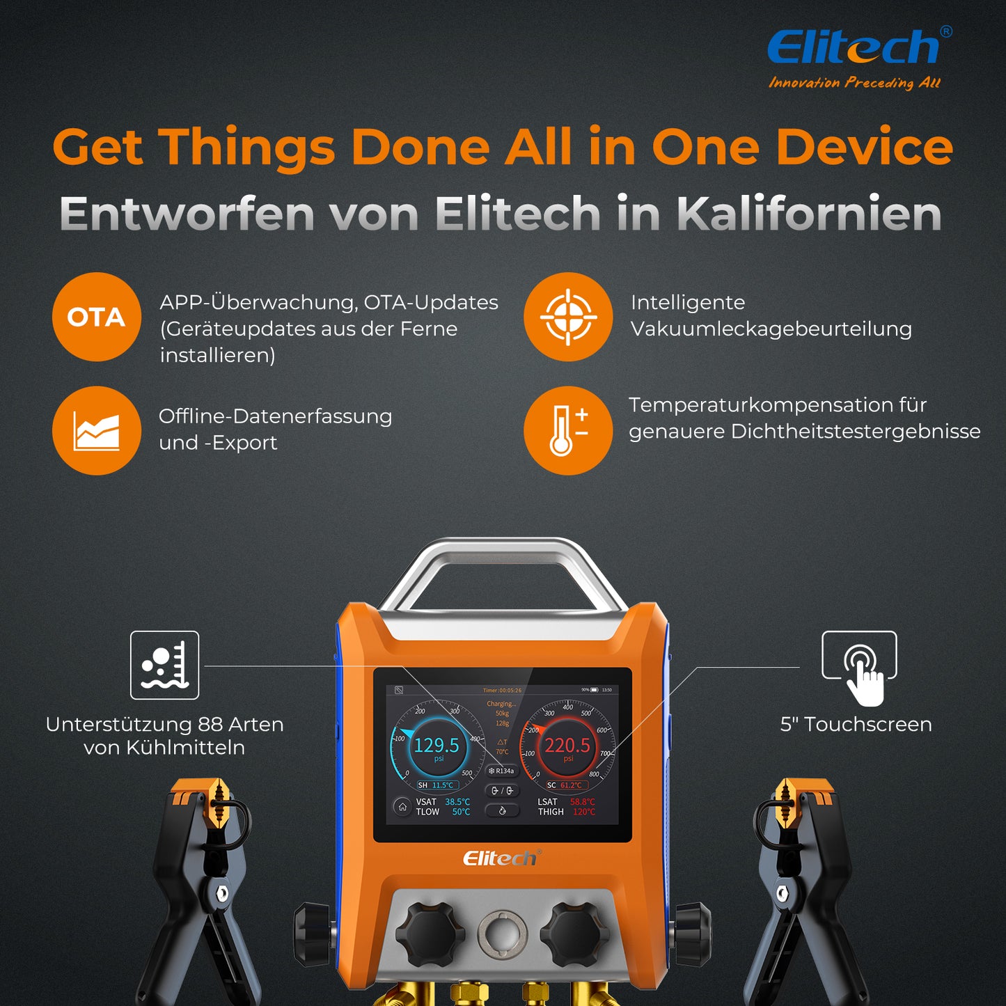 Elitech EMG-40V Intelligenter digitaler Kühlverteiler mit 4 Ventilen und 5-Zoll-Smart-Touchscreen