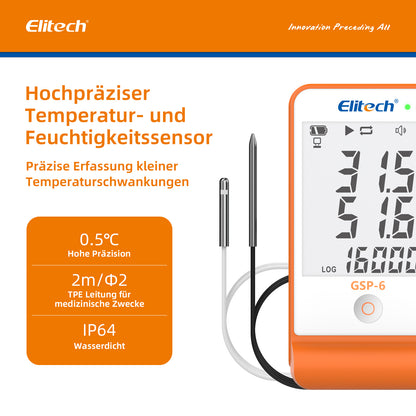 Elitech GSP-6 Mehrzweck-Datenlogger für Temperatur und Luftfeuchtigkeit, zwei Sensoren, großes LCD-Display