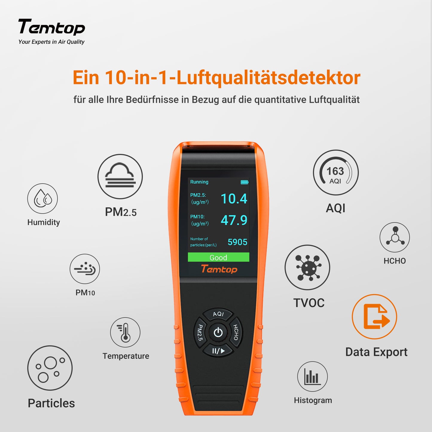 Temtop LKC-1000S+ 2ND Luftqualitätsmonitor, Datenexport PM2,5 PM10 HCHO AQI Partikel VOCs Temperatur Luftfeuchtigkeit