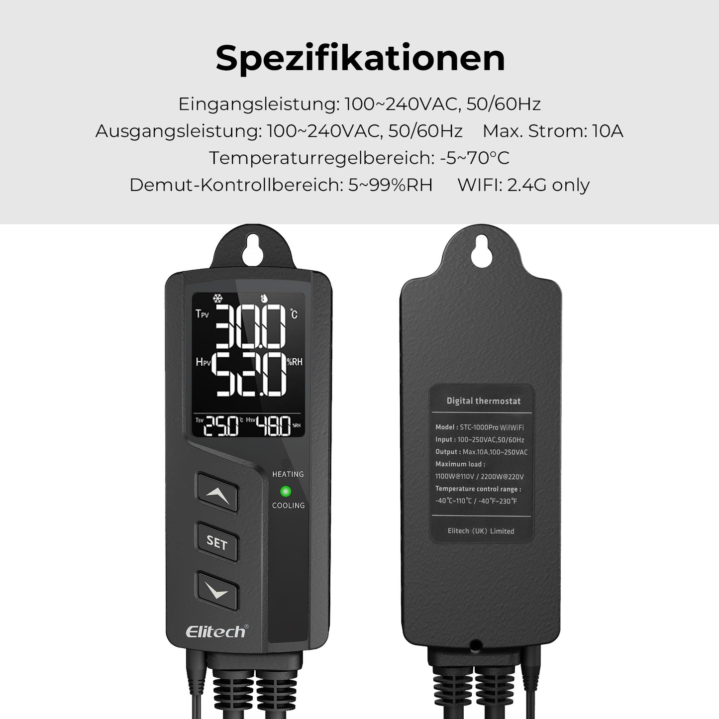 Elitech STC-1000WiFi TH EU Vorverkabelter intelligenter Temperatur- und Luftfeuchtigkeitsregler, kabellose WiFi-Fernbedienung