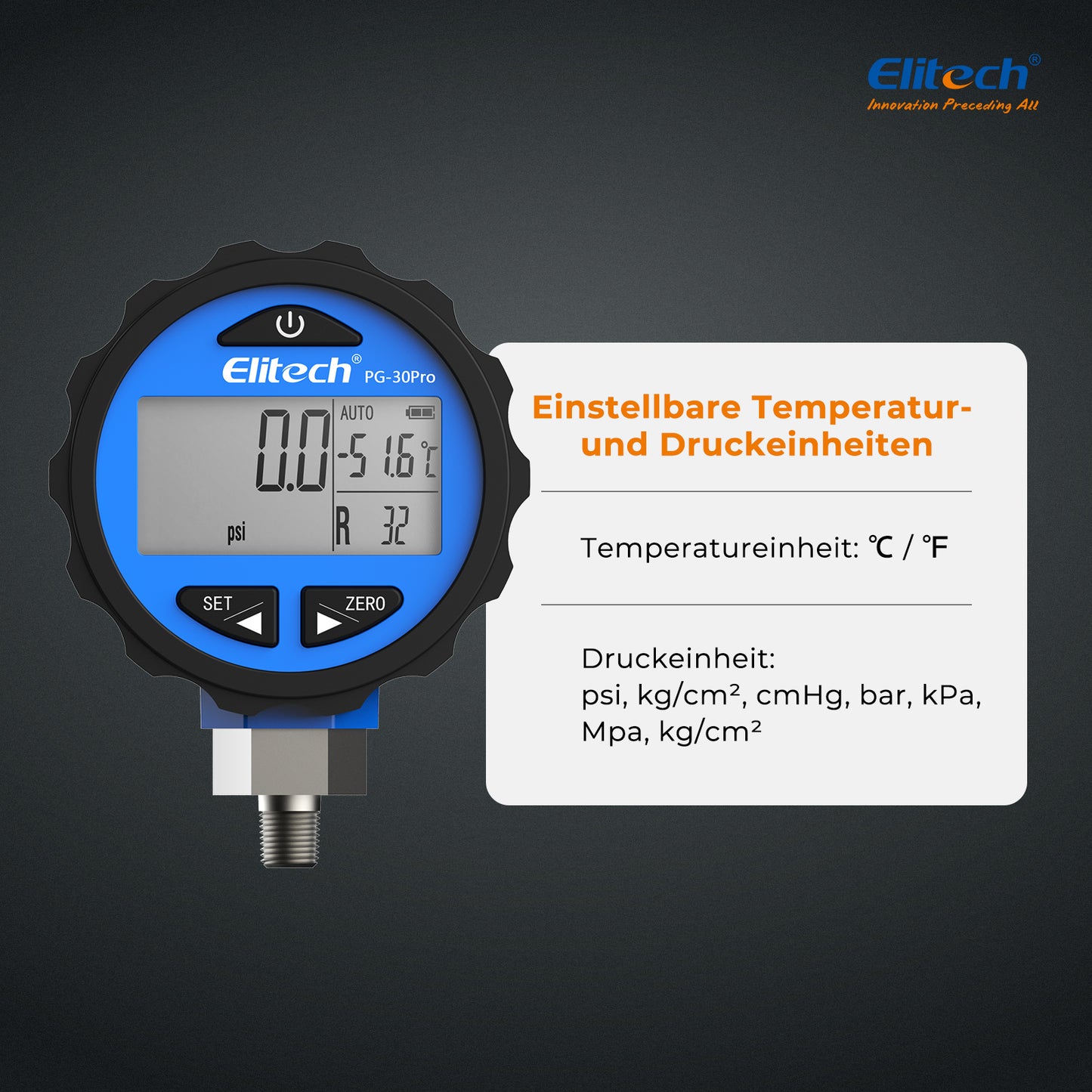 Elitech PG-30Pro Blue Digitales Manometer, digitales Druckmessgerät für Kälte- und Wärmepumpensysteme, Messbereich: -14,5~500 psi