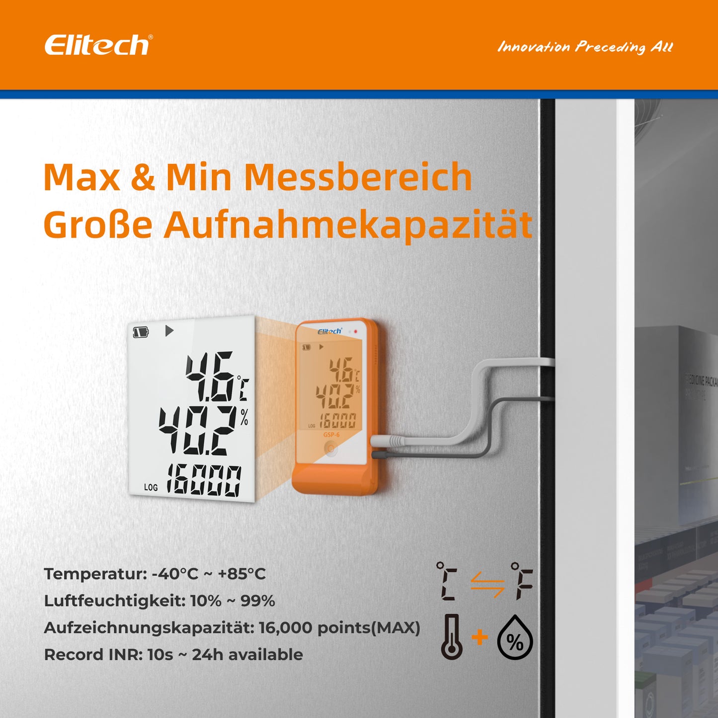 Elitech GSP-6 Mehrzweck-Datenlogger für Temperatur und Luftfeuchtigkeit, zwei Sensoren, großes LCD-Display