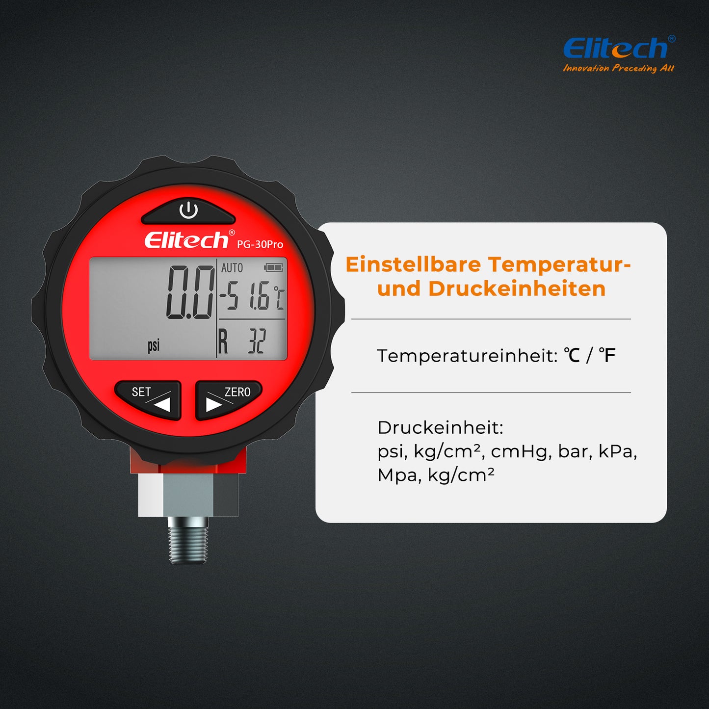 Elitech PG-30Pro Red Digitales Manometer, digitales Druckmessgerät für Kälte- und Wärmepumpensysteme, Messbereich: -14,5~800 psi