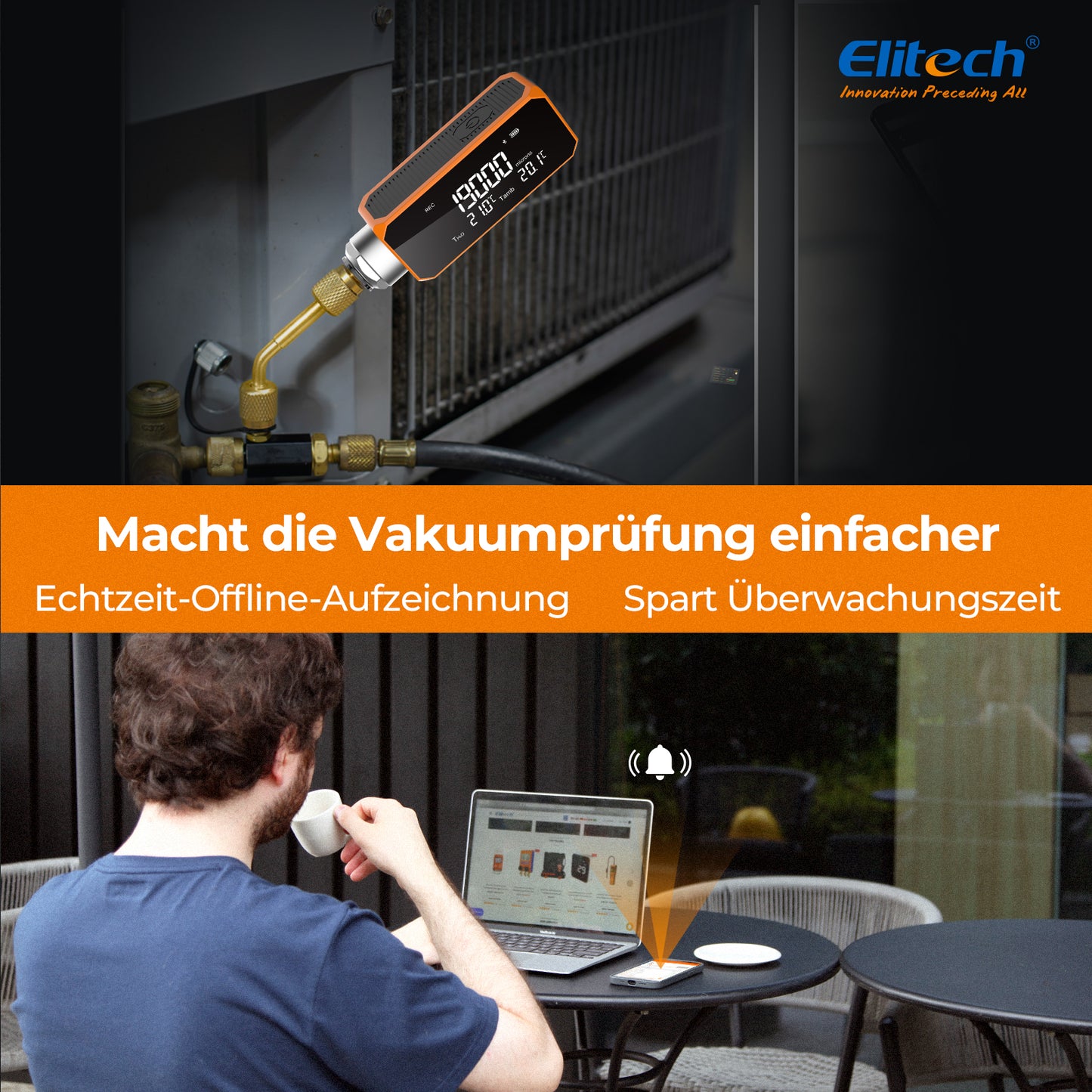 Elitech VGW-mini Drahtloses Mikron-Messgerät HVAC Digitales Vakuummessgerät 1/4 SAE, 0-19000 Mikron