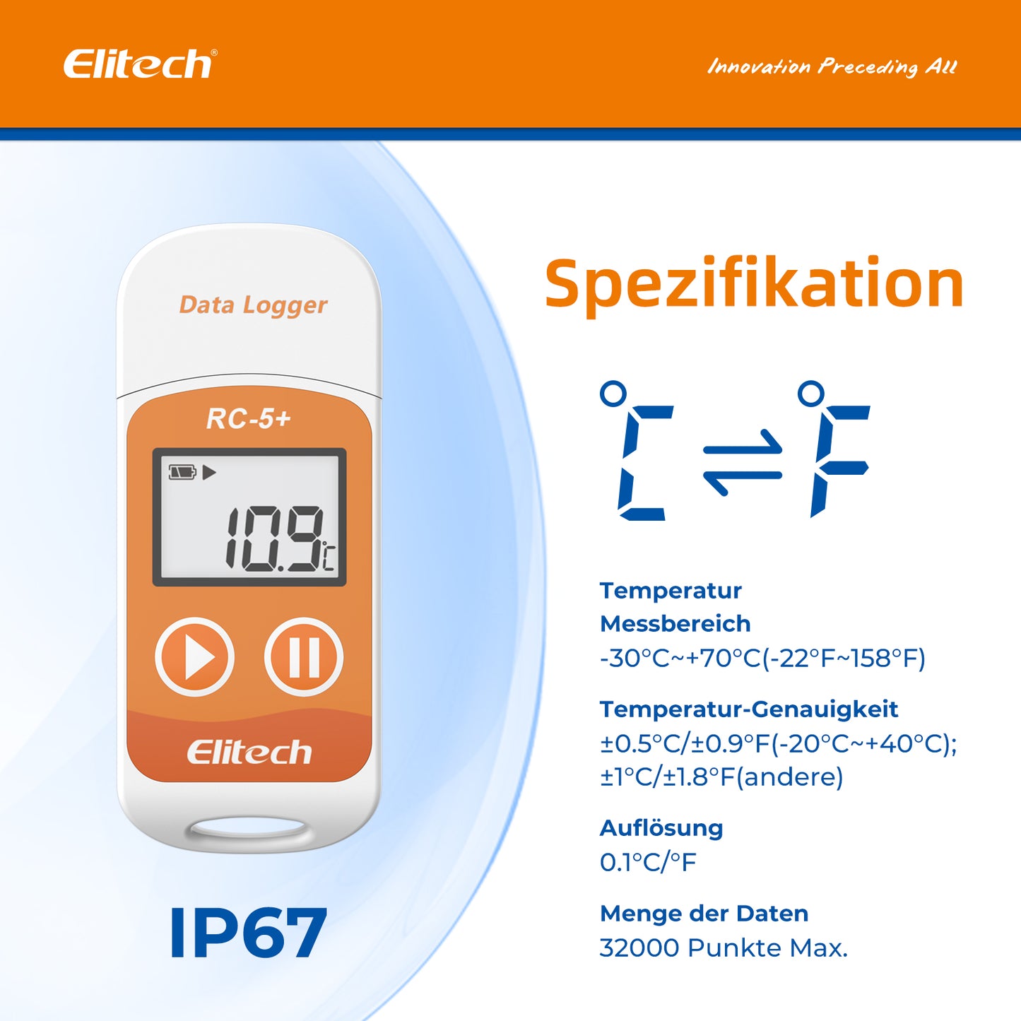 Elitech RC-5+ USB Temperatur Datenlogger mit zertifizierter Kalibrierung -30℃ ~ 70℃