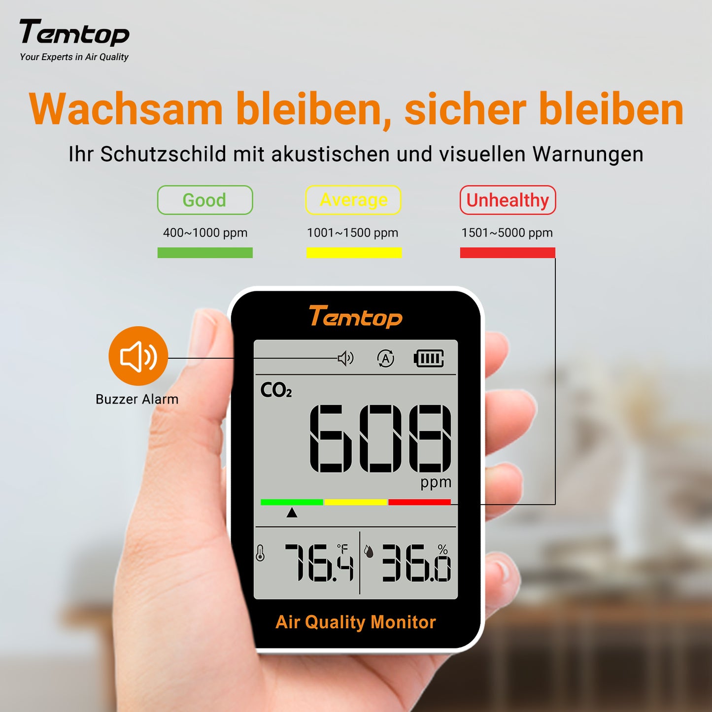 Temtop C1 CO2-Monitor Luftqualitätsmonitor, Kohlendioxid-Detektor für den Innenbereich für CO2, Temperatur und Luftfeuchtigkeit