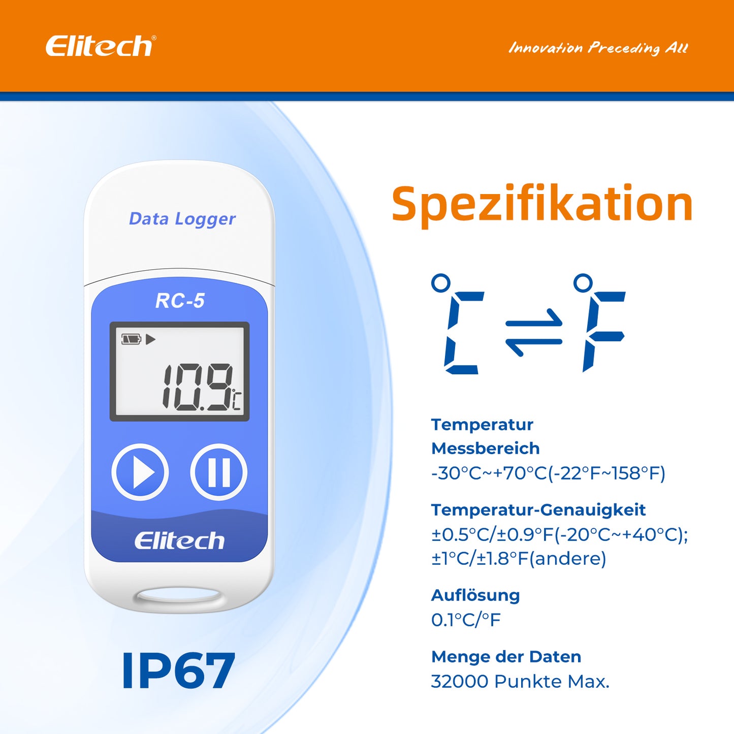 Elitech RC-5 Temperatur Datenlogger, USB-Datenrekorder, 32000 Punkte