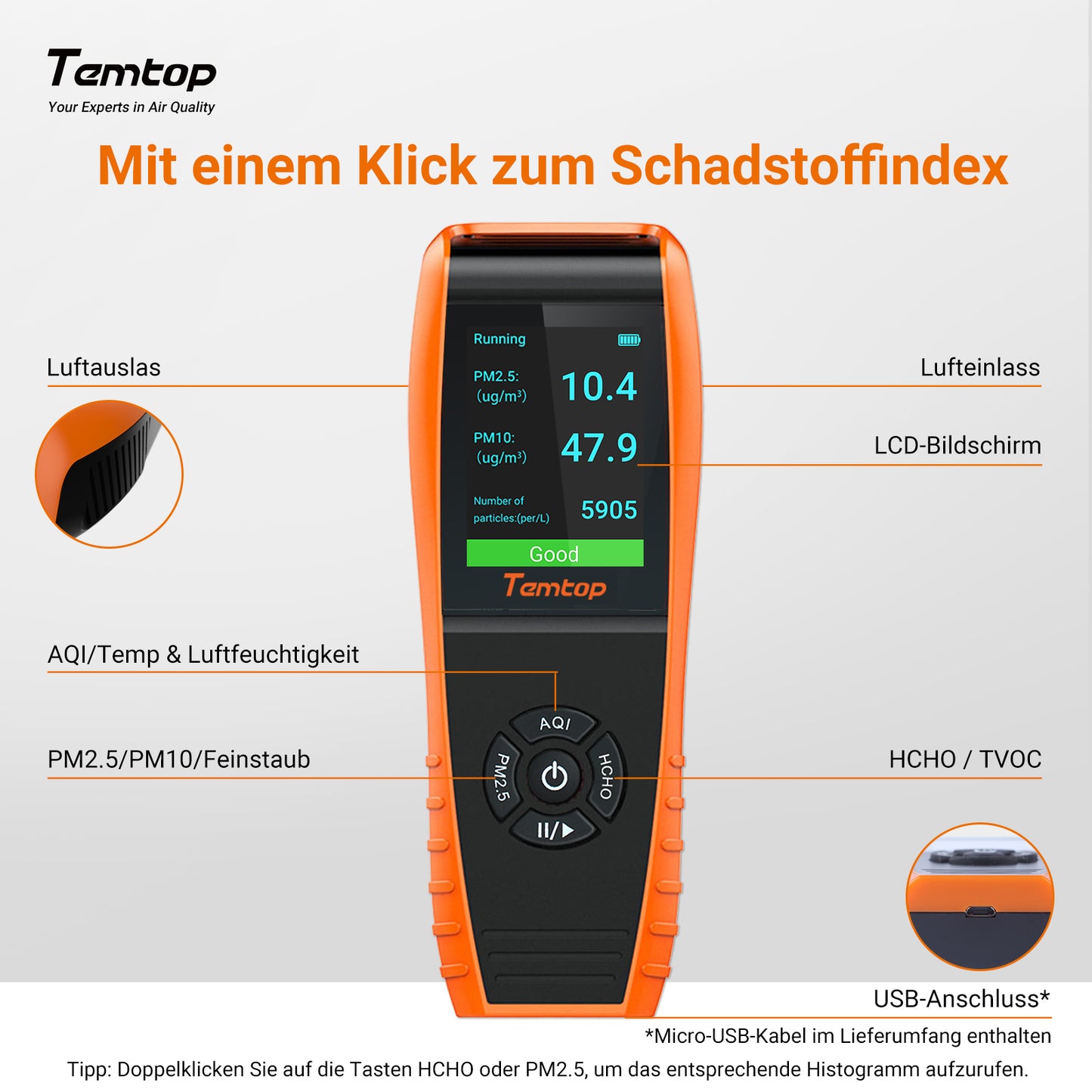 Temtop LKC-1000S+ 2ND Luftqualitätsmonitor, Datenexport PM2,5 PM10 HCHO AQI Partikel VOCs Temperatur Luftfeuchtigkeit