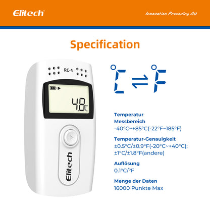 Elitech RC-4 Temperaturdatenlogger, USB-Recorder mit Doppelsensoren, LCD-Display, Summeralarm