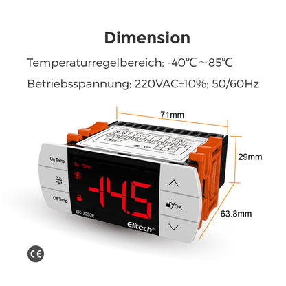 Elitech EK-3030E Digitaler Temperaturregler mit Ausgängen für Kühlung, Abtauung und Lüftersteuerung, RS-485 Schnittstelle, Touch-Tasten