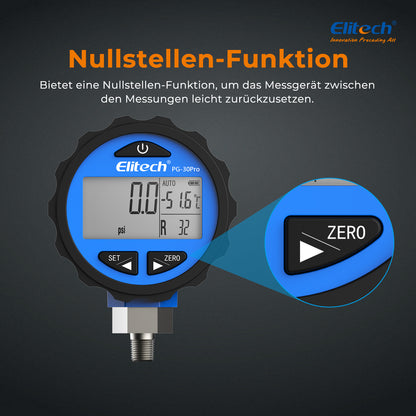 Elitech PG-30Pro Blue Digitales Manometer, digitales Druckmessgerät für Kälte- und Wärmepumpensysteme, Messbereich: -14,5~500 psi