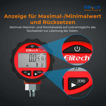 Elitech PG-30Pro Red Digitales Manometer, digitales Druckmessgerät für Kälte- und Wärmepumpensysteme, Messbereich: -14,5~800 psi