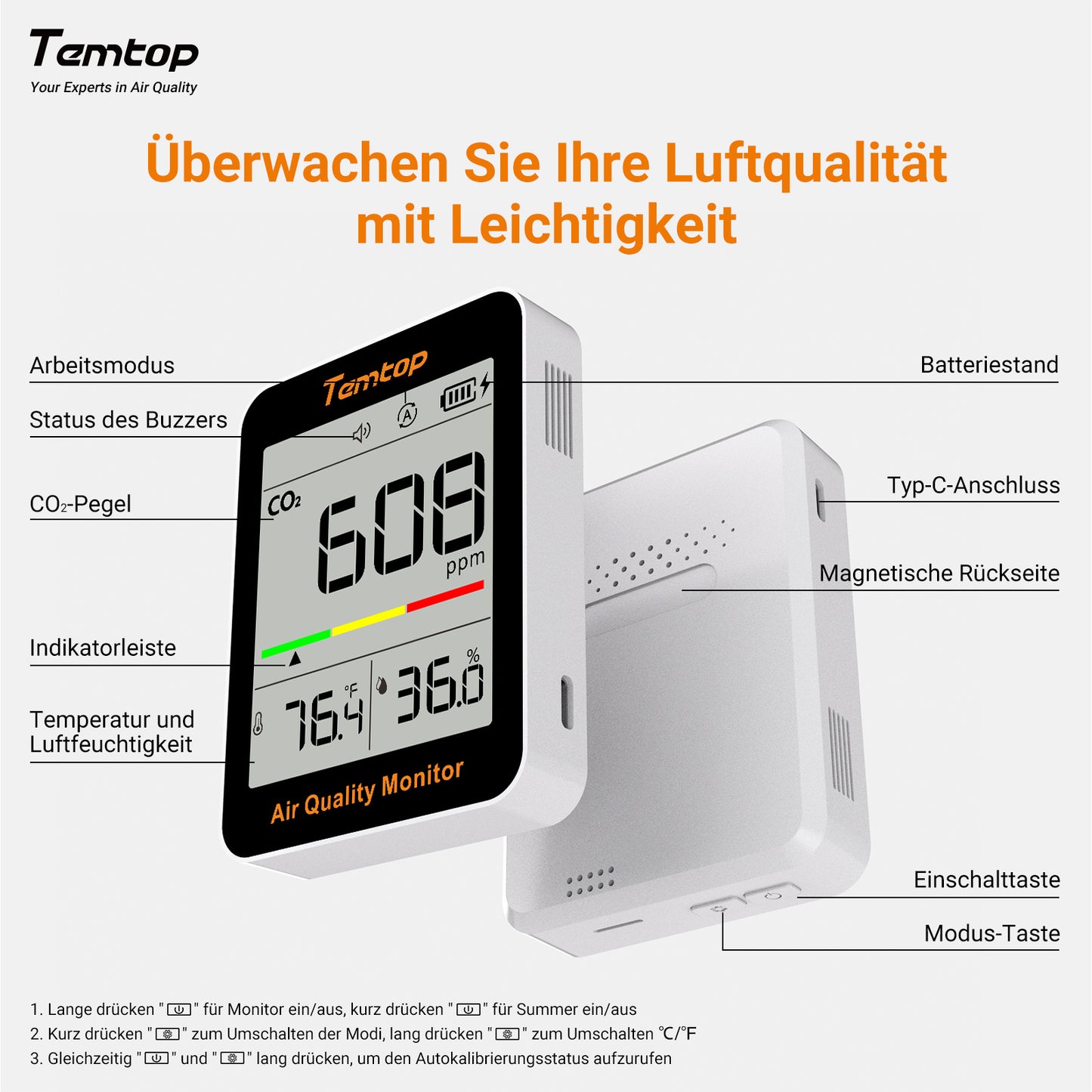 Temtop C1 CO2-Monitor Luftqualitätsmonitor, Kohlendioxid-Detektor für den Innenbereich für CO2, Temperatur und Luftfeuchtigkeit