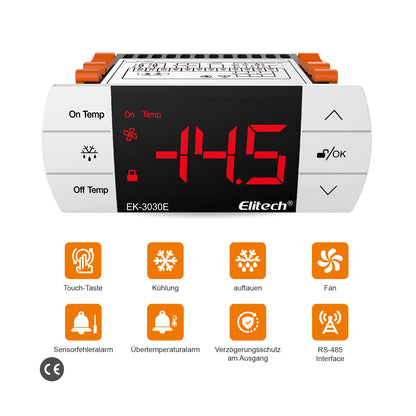 Elitech EK-3030E Digitaler Temperaturregler mit Ausgängen für Kühlung, Abtauung und Lüftersteuerung, RS-485 Schnittstelle, Touch-Tasten