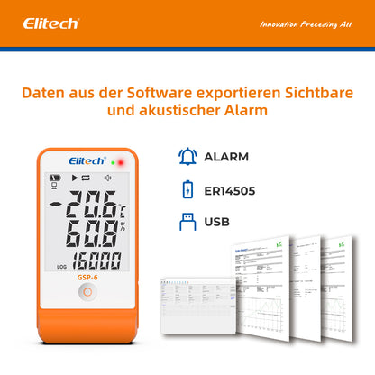 Elitech GSP-6 Mehrzweck-Datenlogger für Temperatur und Luftfeuchtigkeit, zwei Sensoren, großes LCD-Display