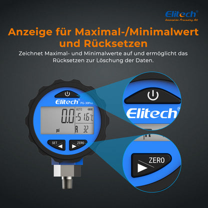 Elitech PG-30Pro Blue Digitales Manometer, digitales Druckmessgerät für Kälte- und Wärmepumpensysteme, Messbereich: -14,5~500 psi