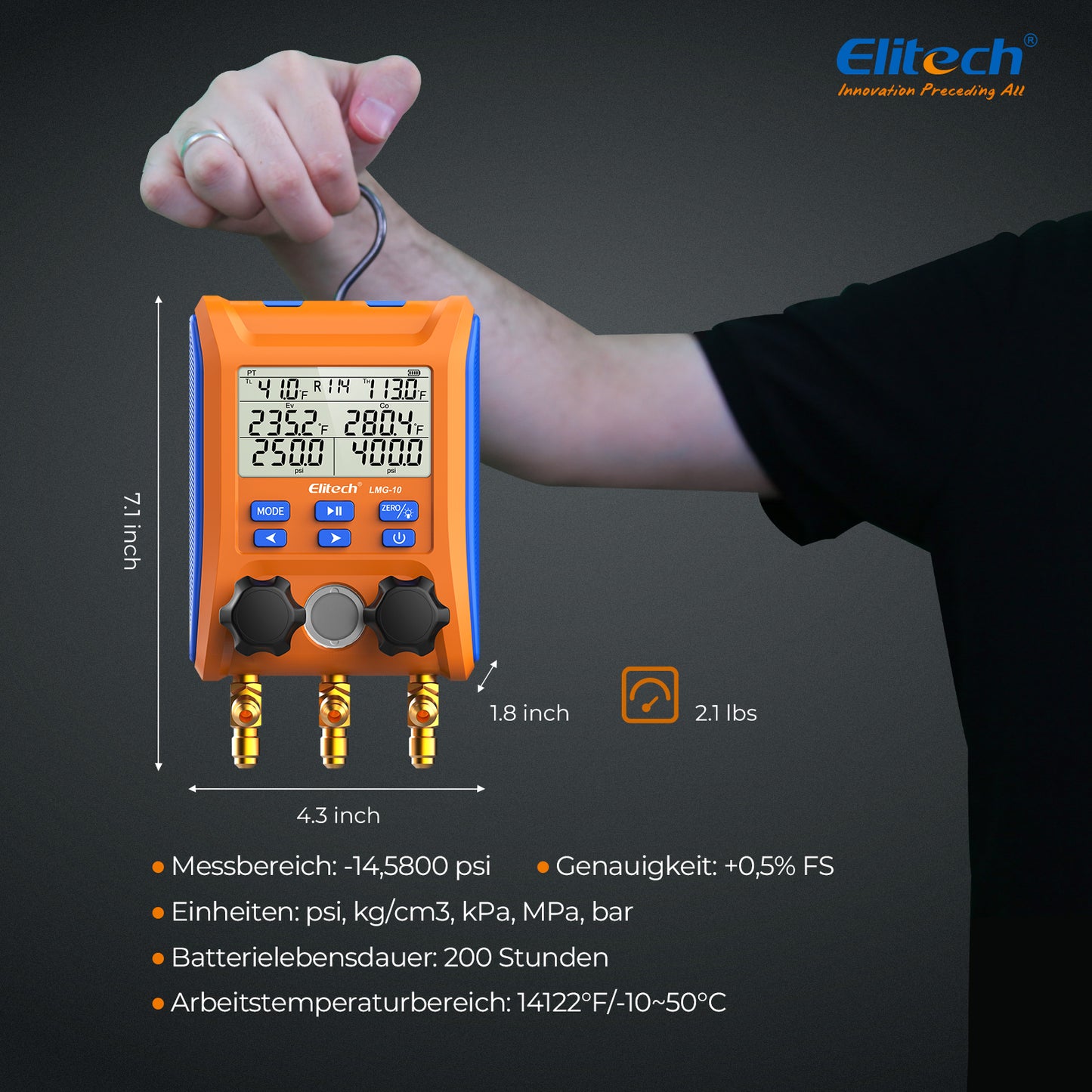 Elitech LMG-10 Kühlung Digital Verteiler Messgerät Set, hochpräzises Druck Temperatur Vakuum Leckage Tester Dignostik Messgerät Set