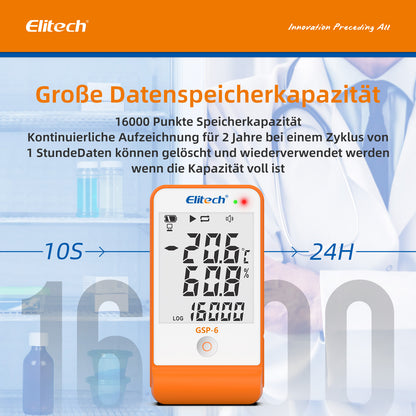 Elitech GSP-6 Mehrzweck-Datenlogger für Temperatur und Luftfeuchtigkeit, zwei Sensoren, großes LCD-Display