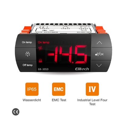 Elitech EK-3010 Digitaler Temperaturregler, Einwege-Steuerausgang für Heiz- oder Kühlmodus, Berührungstasten