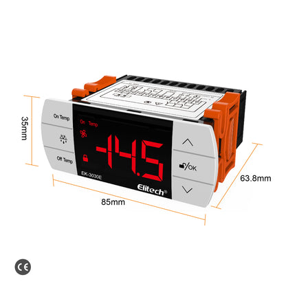 Elitech EK-3030E Digitaler Temperaturregler mit Ausgängen für Kühlung, Abtauung und Lüftersteuerung, RS-485 Schnittstelle, Touch-Tasten