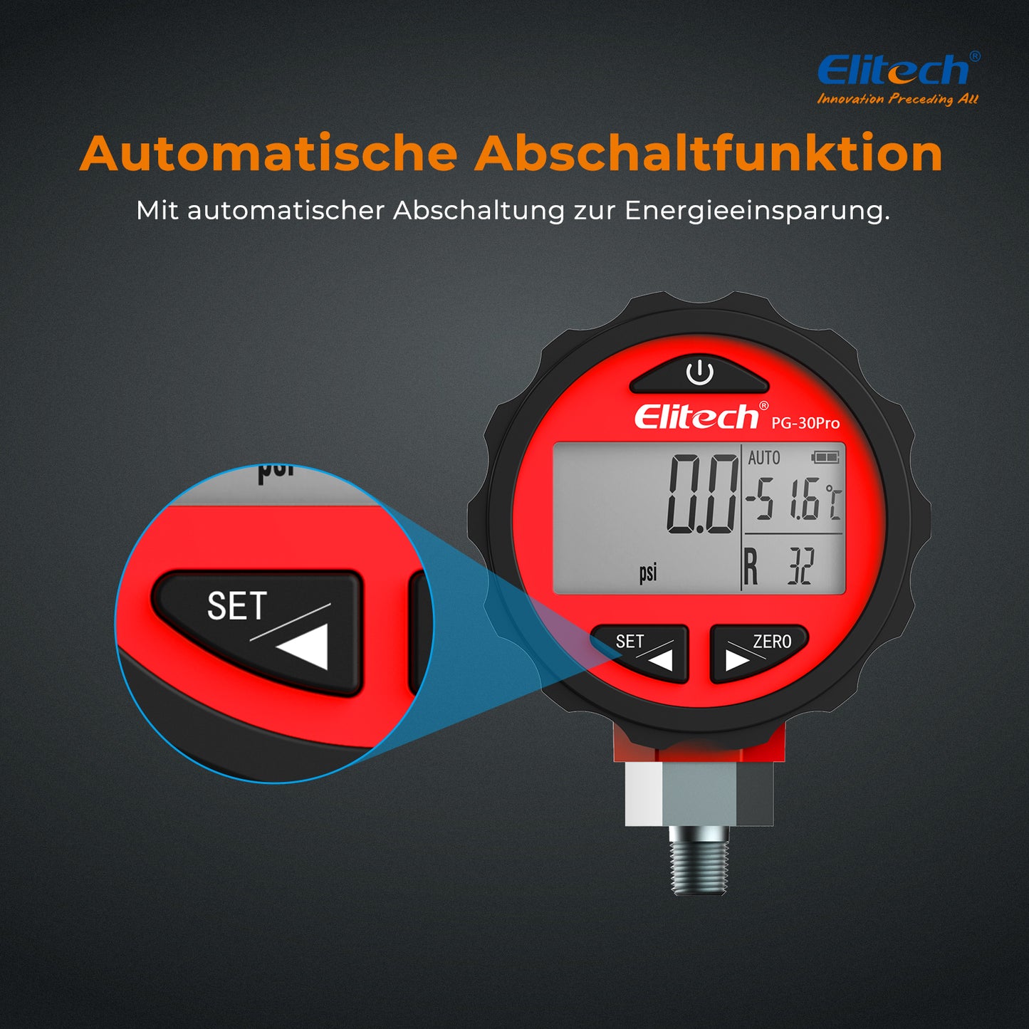 Elitech PG-30Pro Red Digitales Manometer, digitales Druckmessgerät für Kälte- und Wärmepumpensysteme, Messbereich: -14,5~800 psi