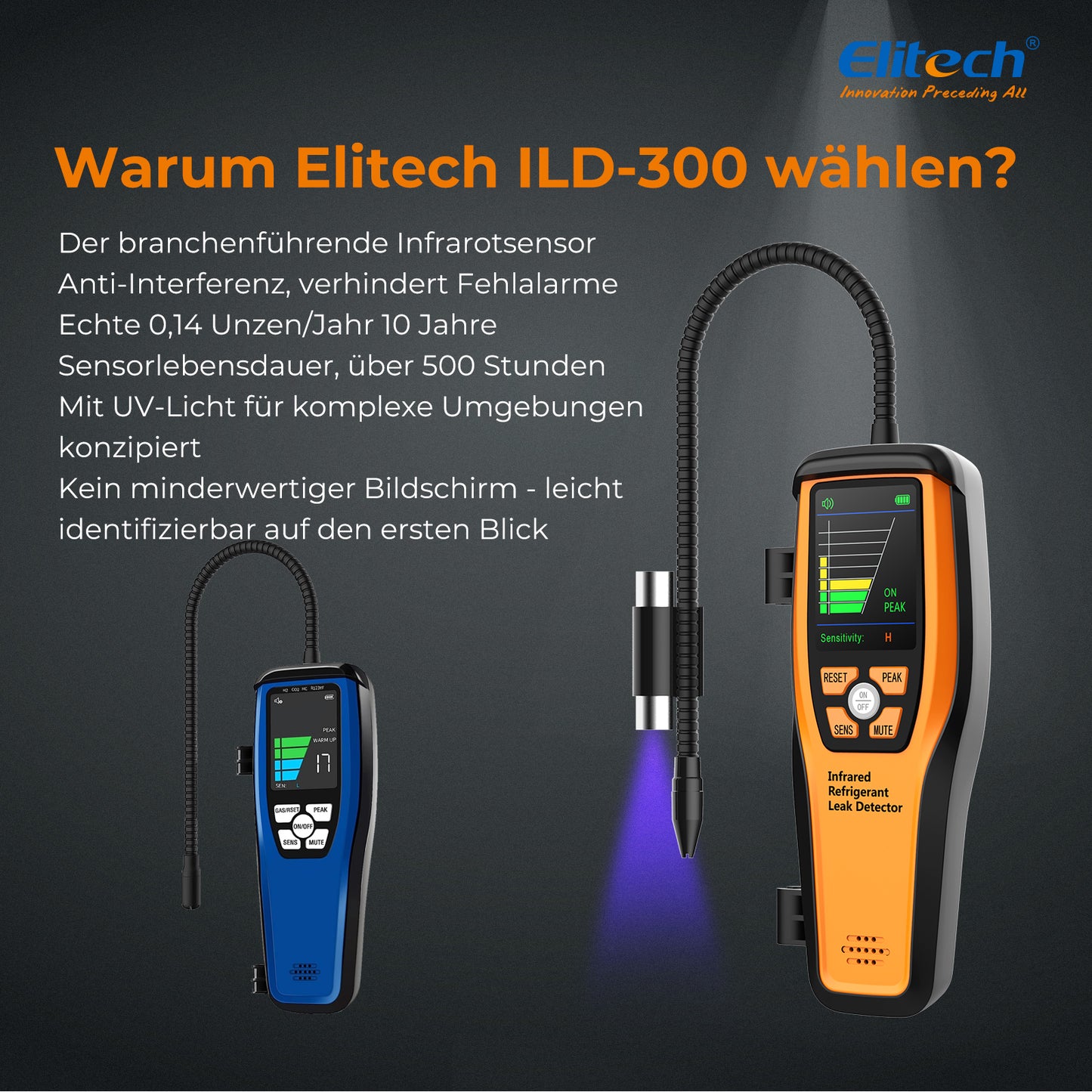 Elitech ILD-300 Elektronischer Kältemittel-Leckdetektor HVAC, Freon-Leckdetektor, Infrarotsensor mit einer Lebensdauer von bis zu 10 Jahren, 4 g/Jahr