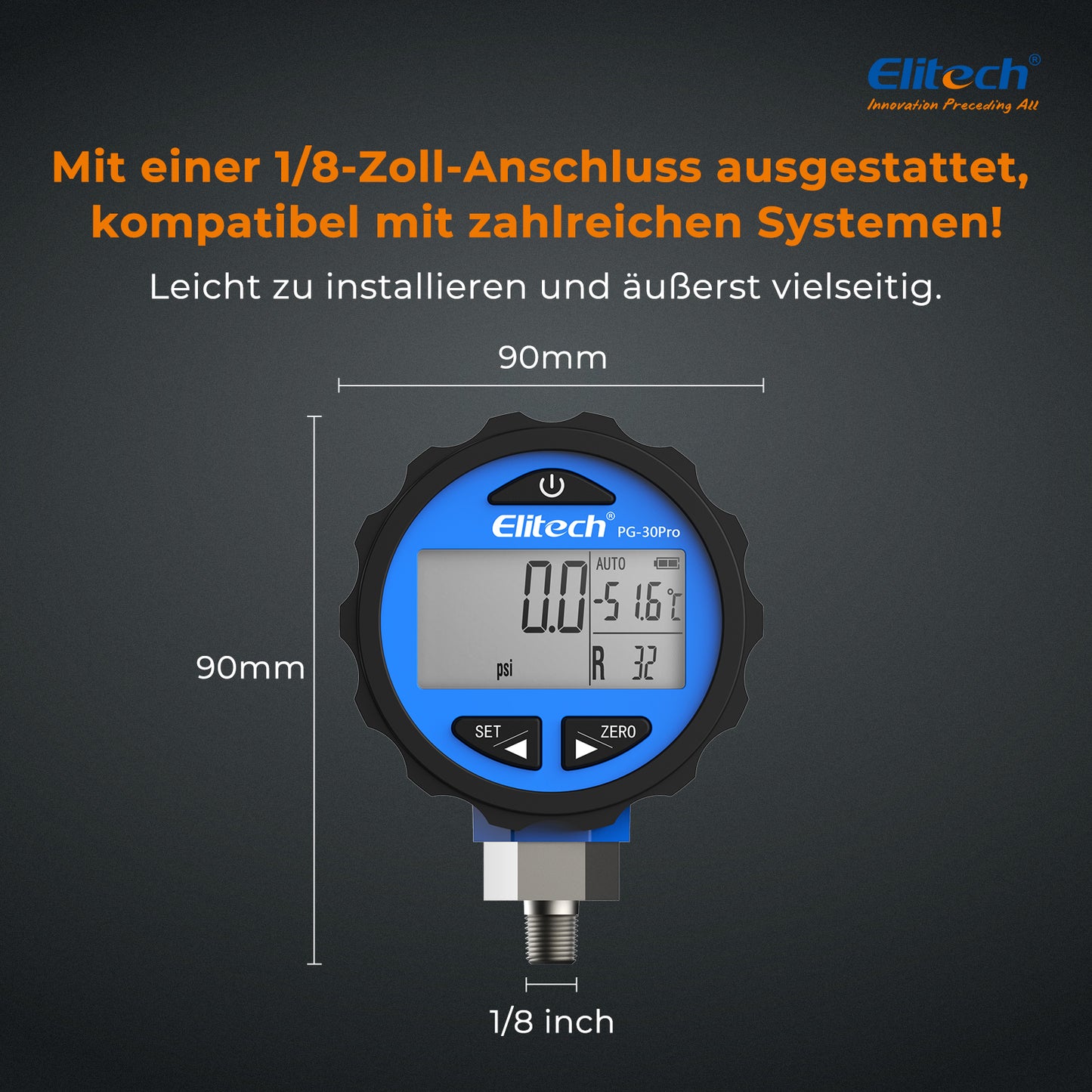 Elitech PG-30Pro Blue Digitales Manometer, digitales Druckmessgerät für Kälte- und Wärmepumpensysteme, Messbereich: -14,5~500 psi