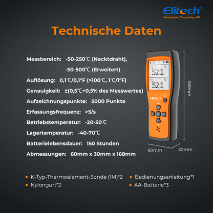 Elitech ICT-220 Dual Thermocouple Thermometer – Hochpräzisions-K-Typ-Temperatursensor mit App