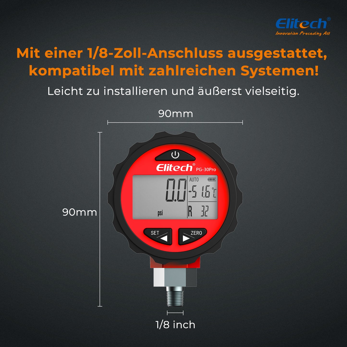 Elitech PG-30Pro Red Digitales Manometer, digitales Druckmessgerät für Kälte- und Wärmepumpensysteme, Messbereich: -14,5~800 psi