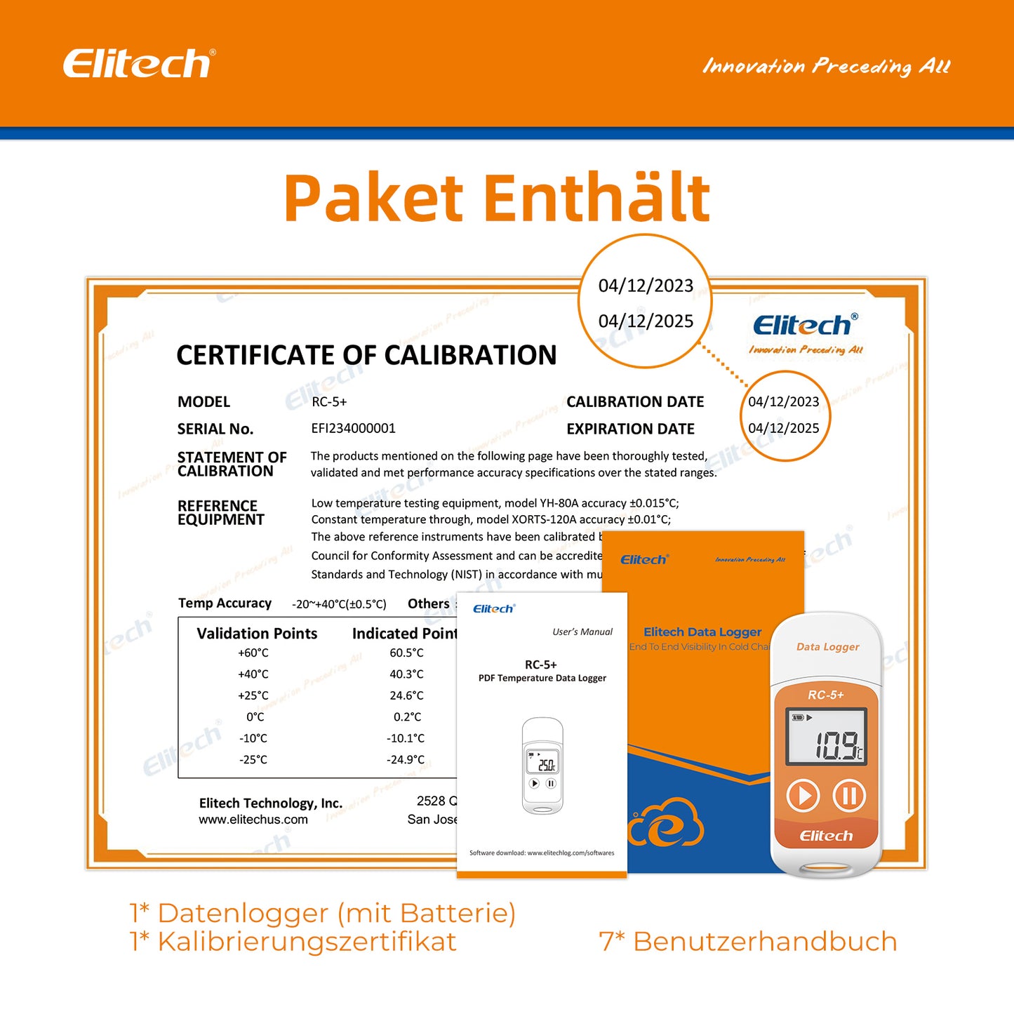 Elitech RC-5+ USB Temperatur Datenlogger mit zertifizierter Kalibrierung -30℃ ~ 70℃