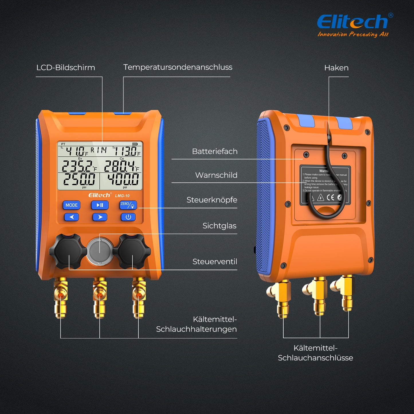 Elitech LMG-10 Kühlung Digital Verteiler Messgerät Set, hochpräzises Druck Temperatur Vakuum Leckage Tester Dignostik Messgerät Set