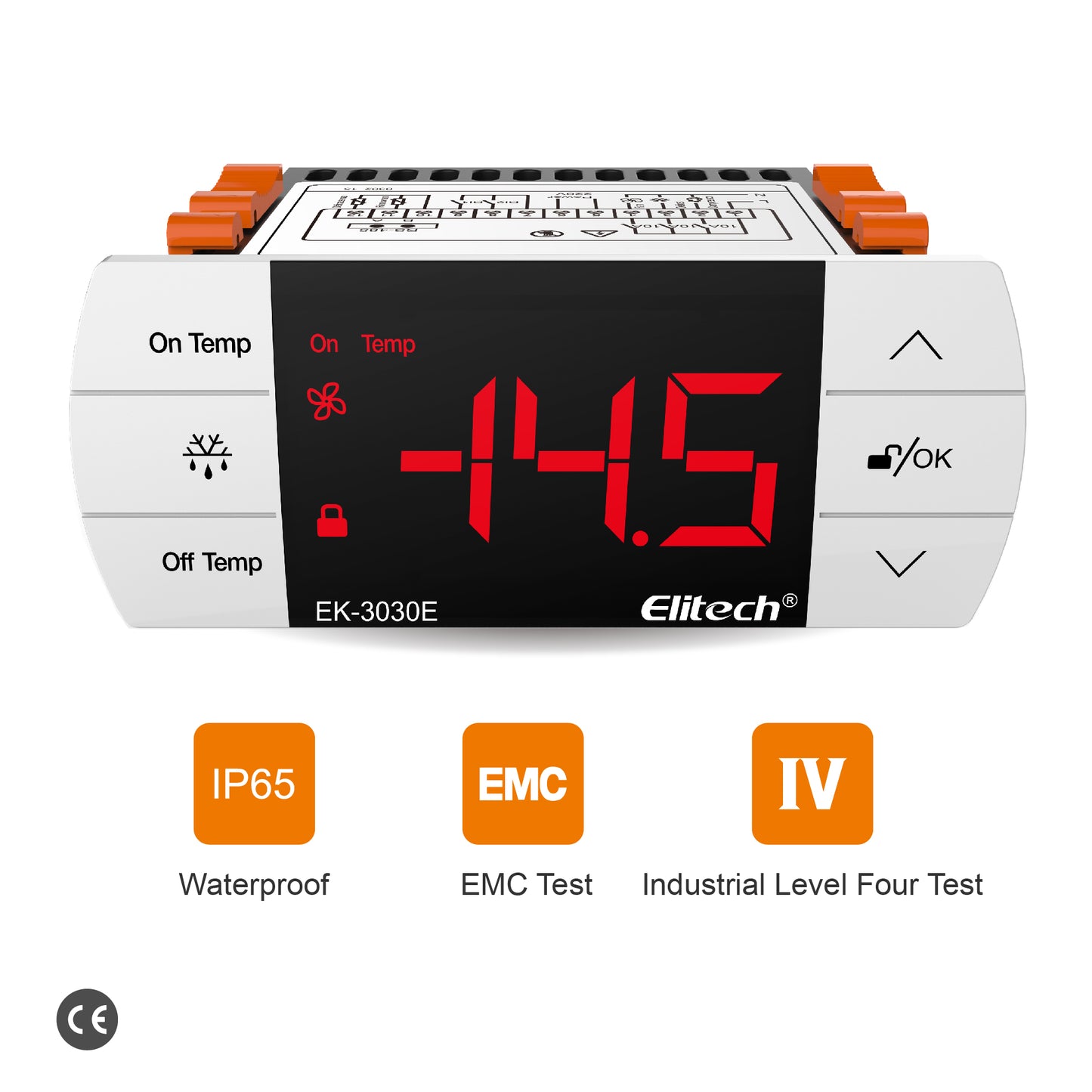 Elitech EK-3030E Digitaler Temperaturregler mit Ausgängen für Kühlung, Abtauung und Lüftersteuerung, RS-485 Schnittstelle, Touch-Tasten