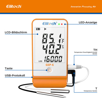 Elitech GSP-6 Mehrzweck-Datenlogger für Temperatur und Luftfeuchtigkeit, zwei Sensoren, großes LCD-Display