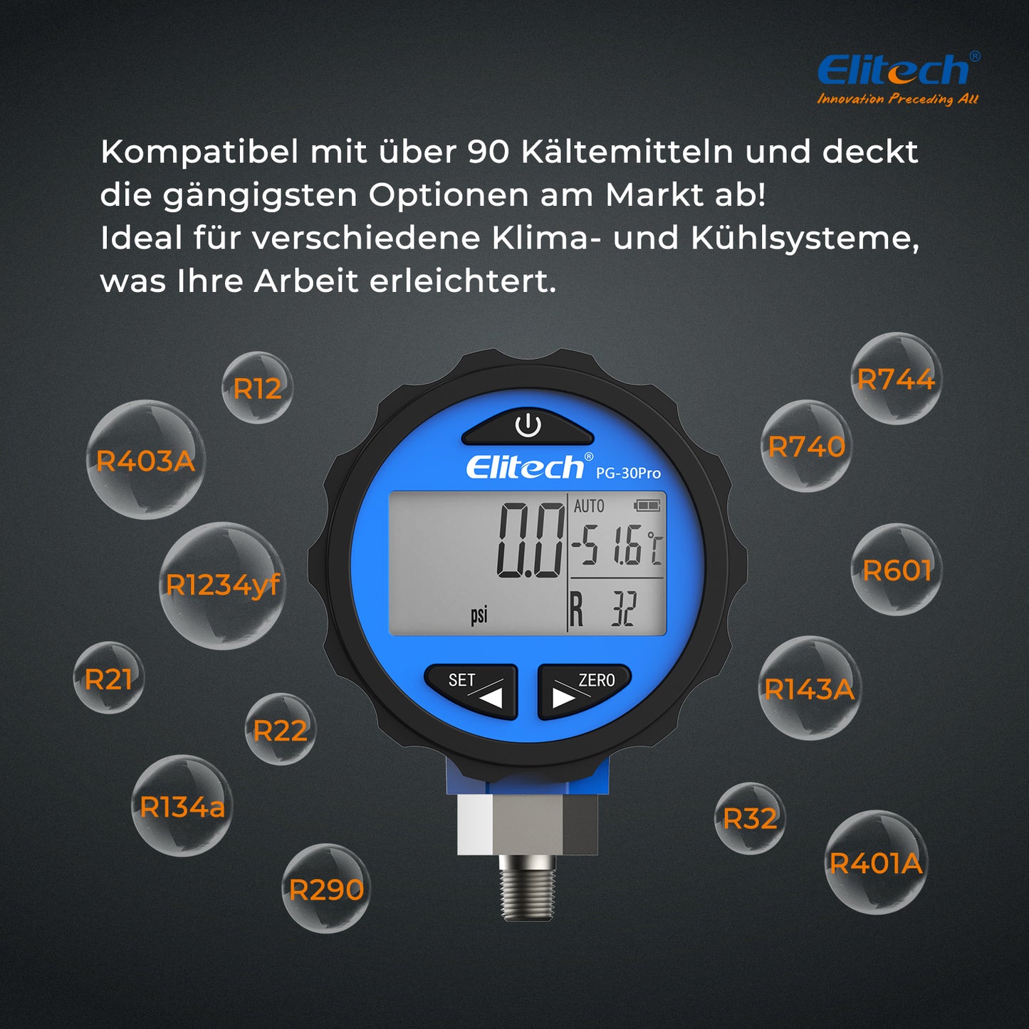 Elitech PG-30Pro Blue Digitales Manometer, digitales Druckmessgerät für Kälte- und Wärmepumpensysteme, Messbereich: -14,5~500 psi