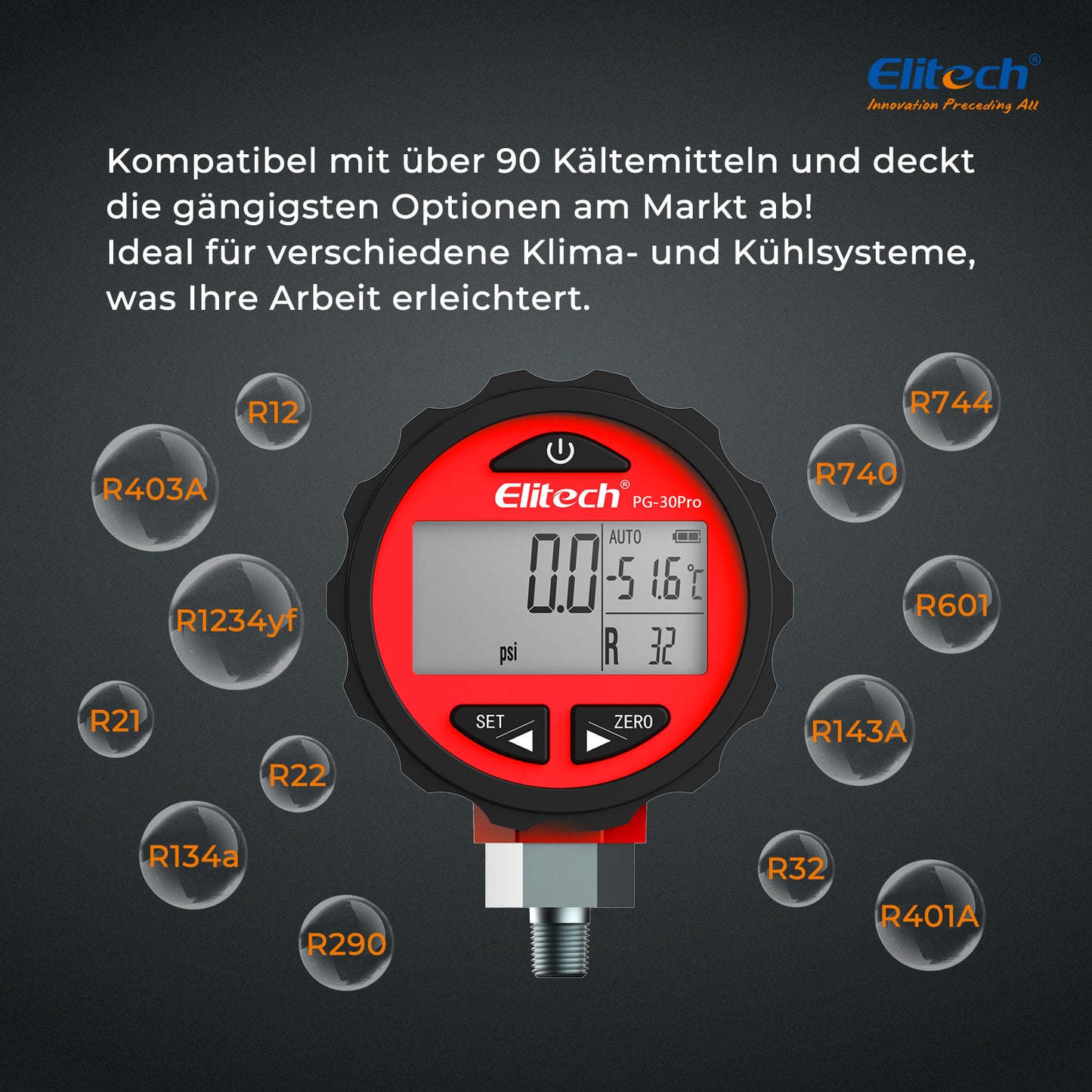 Elitech PG-30Pro Red Digitales Manometer, digitales Druckmessgerät für Kälte- und Wärmepumpensysteme, Messbereich: -14,5~800 psi