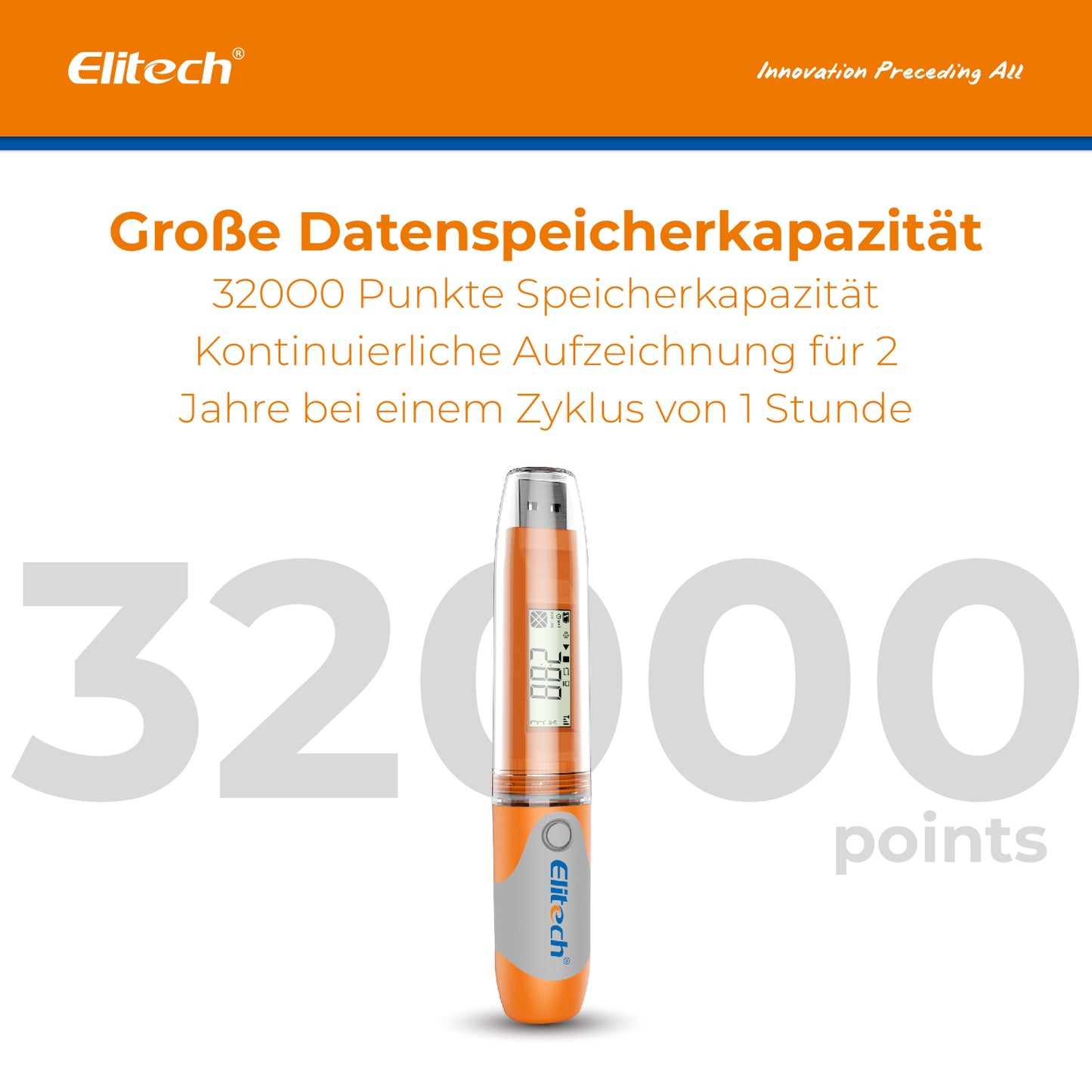 Elitech RC-51H USB-Datenlogger für Temperatur und Luftfeuchtigkeit, 32.000 Aufzeichnungen, PDF-Bericht, zertifizierte Kalibrierung