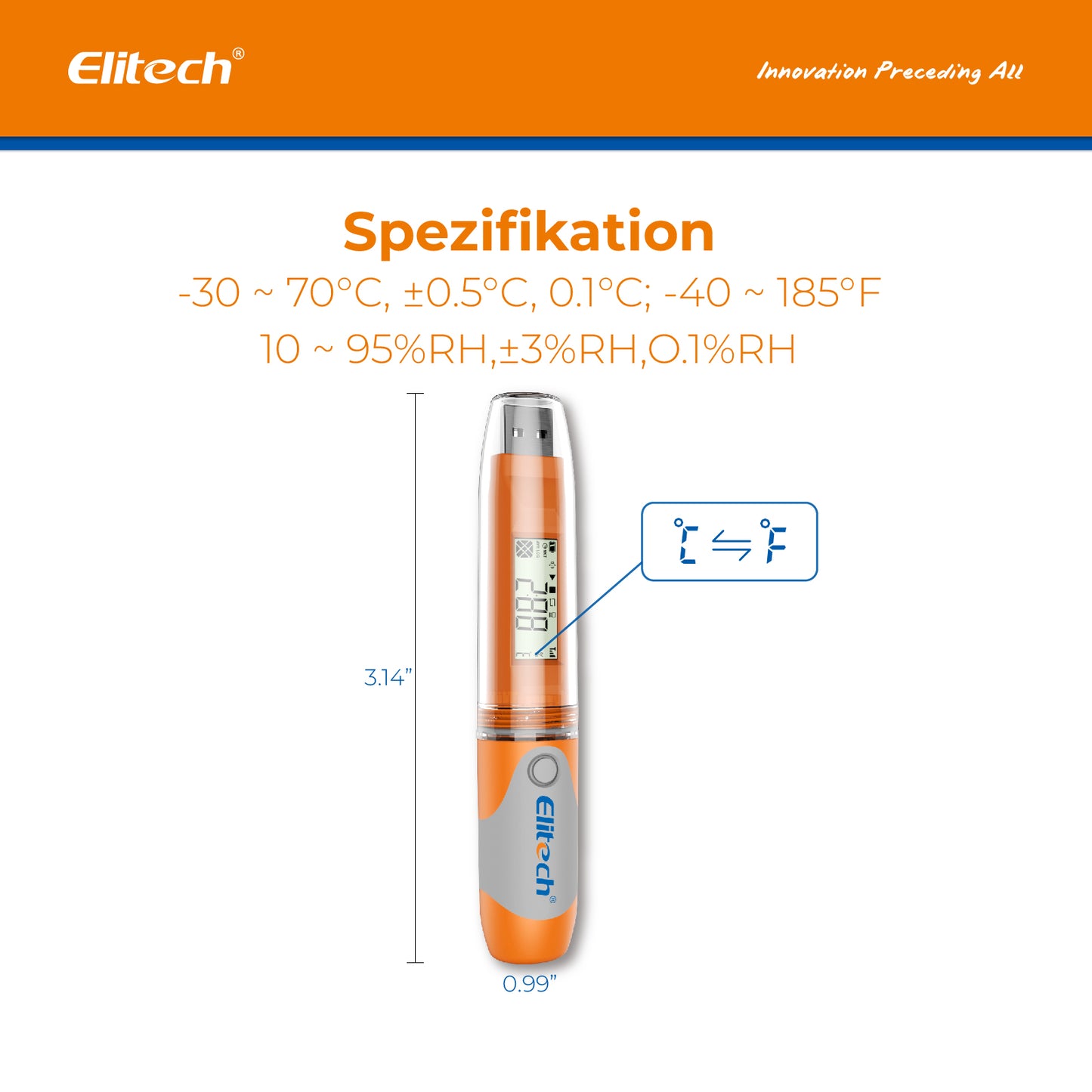 Elitech RC-51H USB-Datenlogger für Temperatur und Luftfeuchtigkeit, 32.000 Aufzeichnungen, PDF-Bericht, zertifizierte Kalibrierung